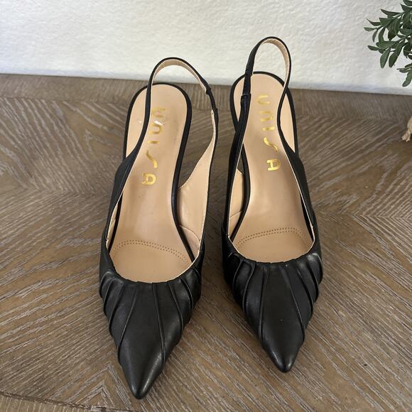 UNISA Black Pleated Pointed Toe Stiletto Slingback Heels Pumps Size 7 M Shoes - Picture 2 of 10